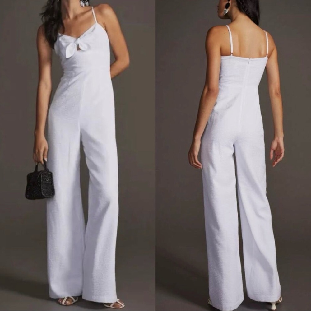 NWT Hutch Savannah White Seersucker Bow Front Wide Leg Jumpsuit Size 10